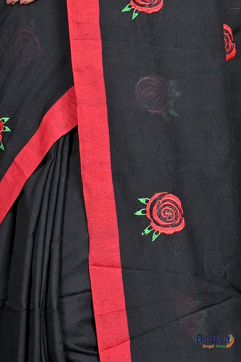 Black Pure Cotton Parag Embroidery Handloom saree (208)
